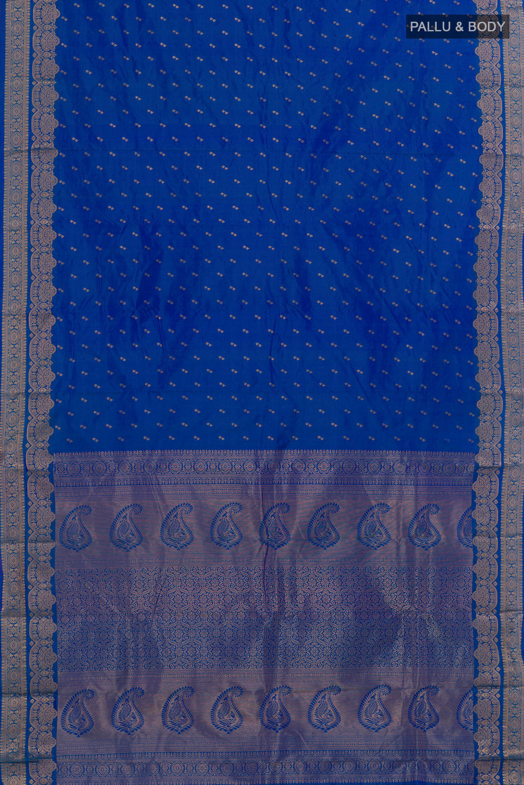 Flat view of Royal Blue Kanjivaram Silk Saree with Zari Butta on the body and Zari Border. 