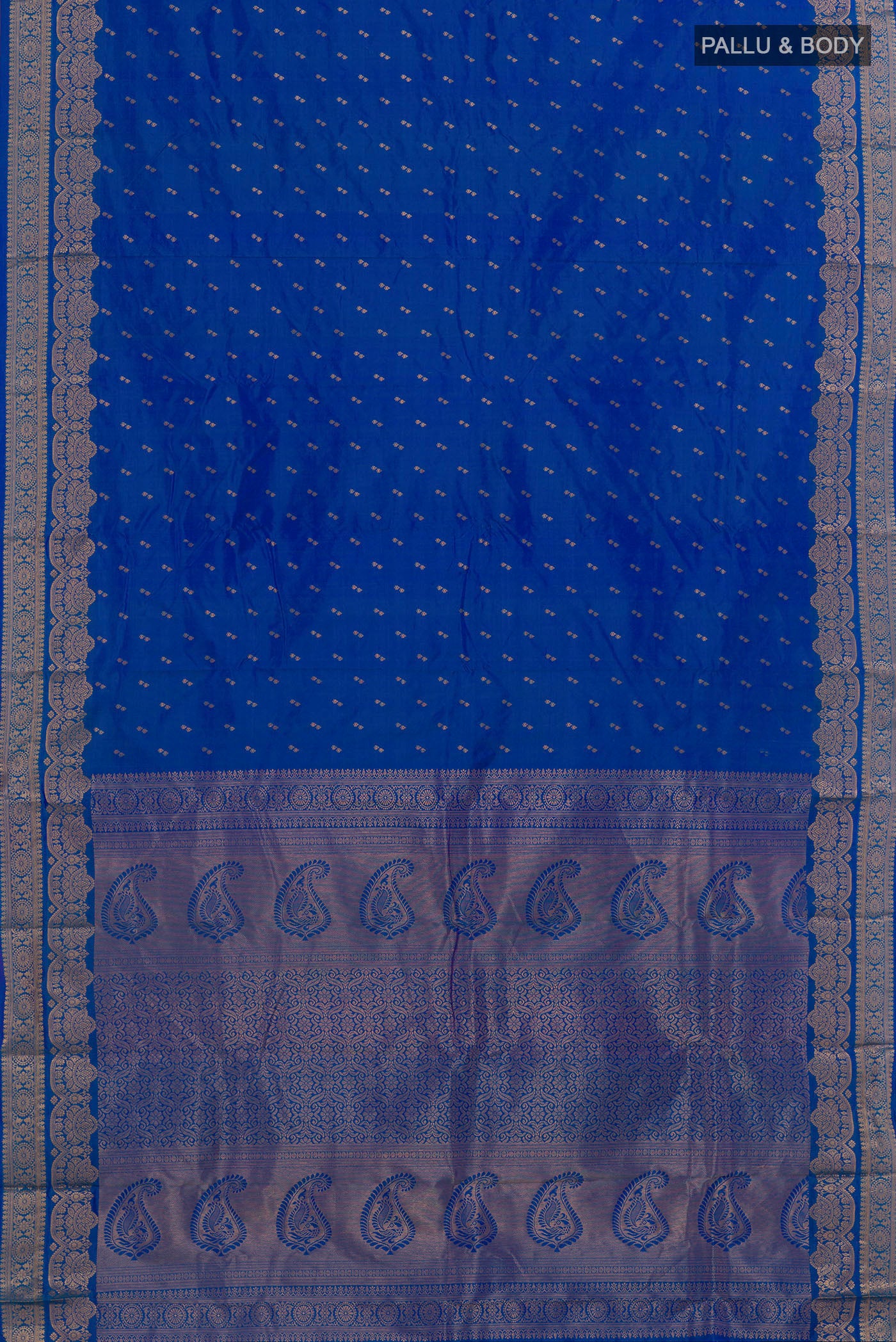 Flat view of Royal Blue Kanjivaram Silk Saree with Zari Butta on the body and Zari Border. 