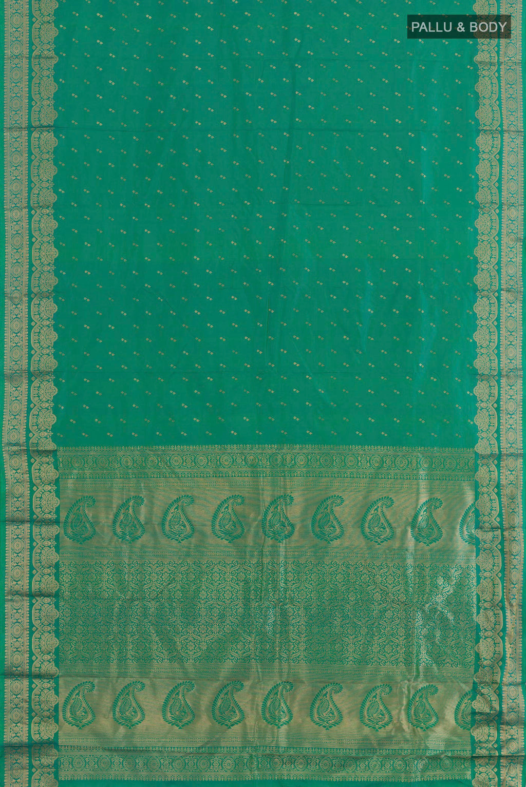 Flat view of Turquoise Kanjivaram Silk Saree with Zari Butta on the body and Zari Border. 