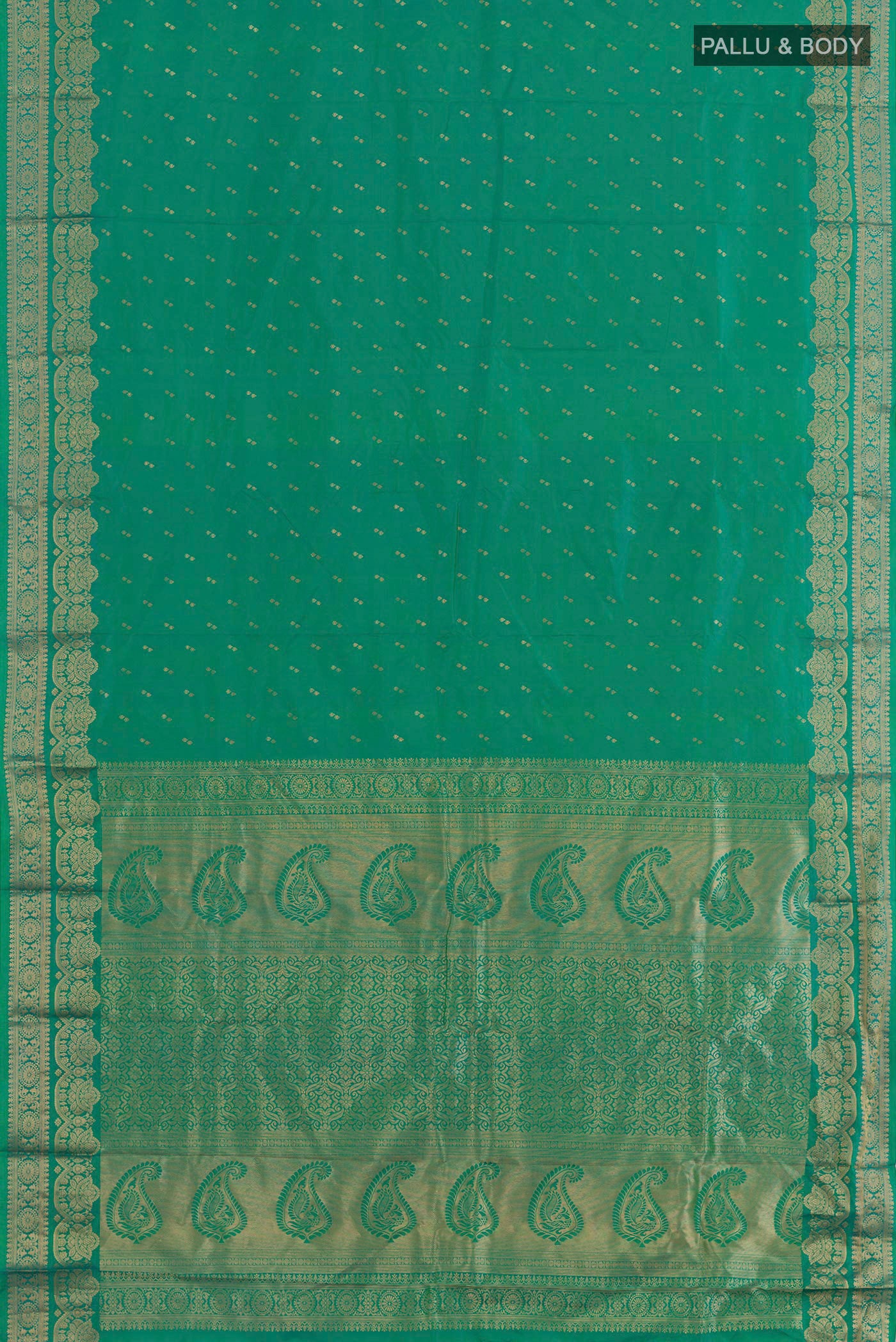 Flat view of Turquoise Kanjivaram Silk Saree with Zari Butta on the body and Zari Border. 