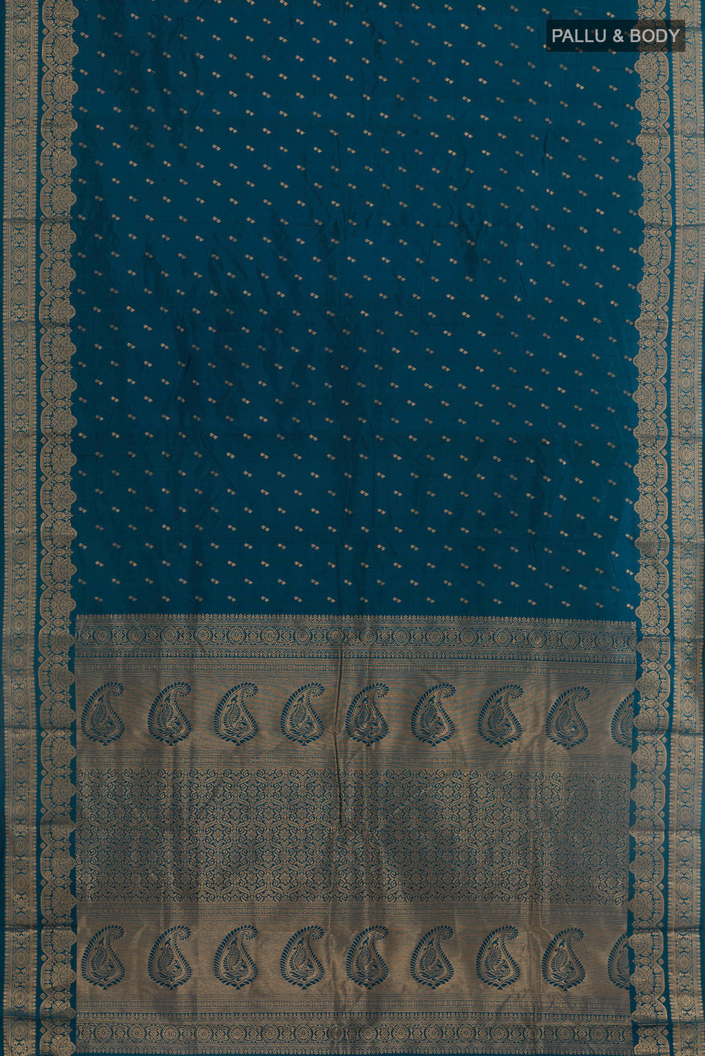 Flat view of Peacock Blue Kanjivaram Silk Saree with Zari Butta on the body and Zari Border. 