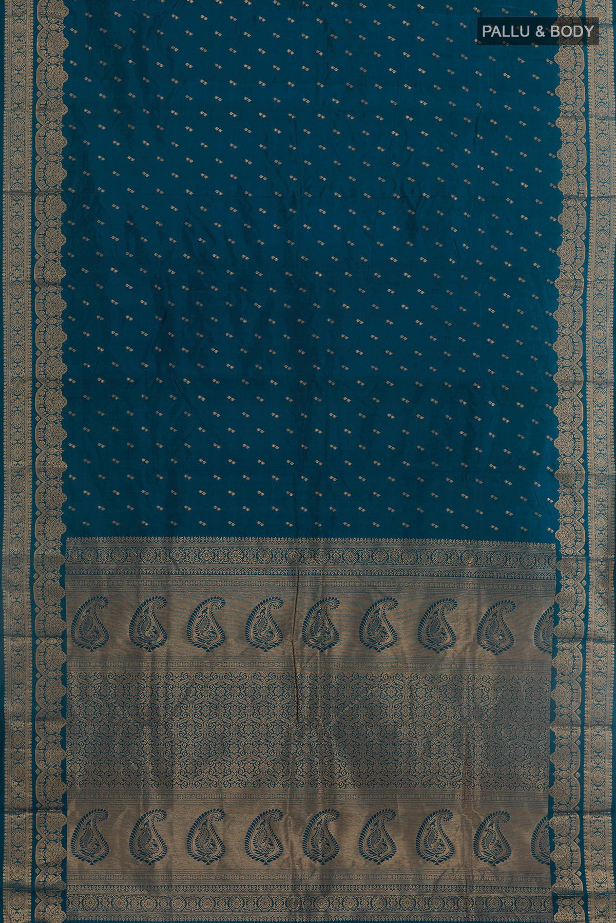 Flat view of Peacock Blue Kanjivaram Silk Saree with Zari Butta on the body and Zari Border. 