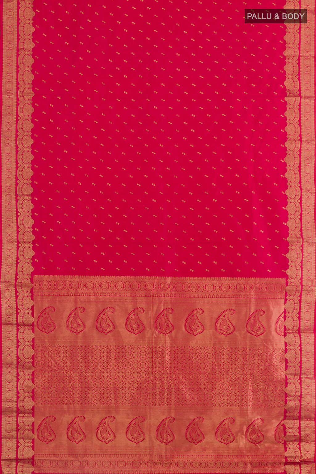 Flat view of Pink Kanjivaram Silk Saree with Zari Butta on the body and Zari Border. 