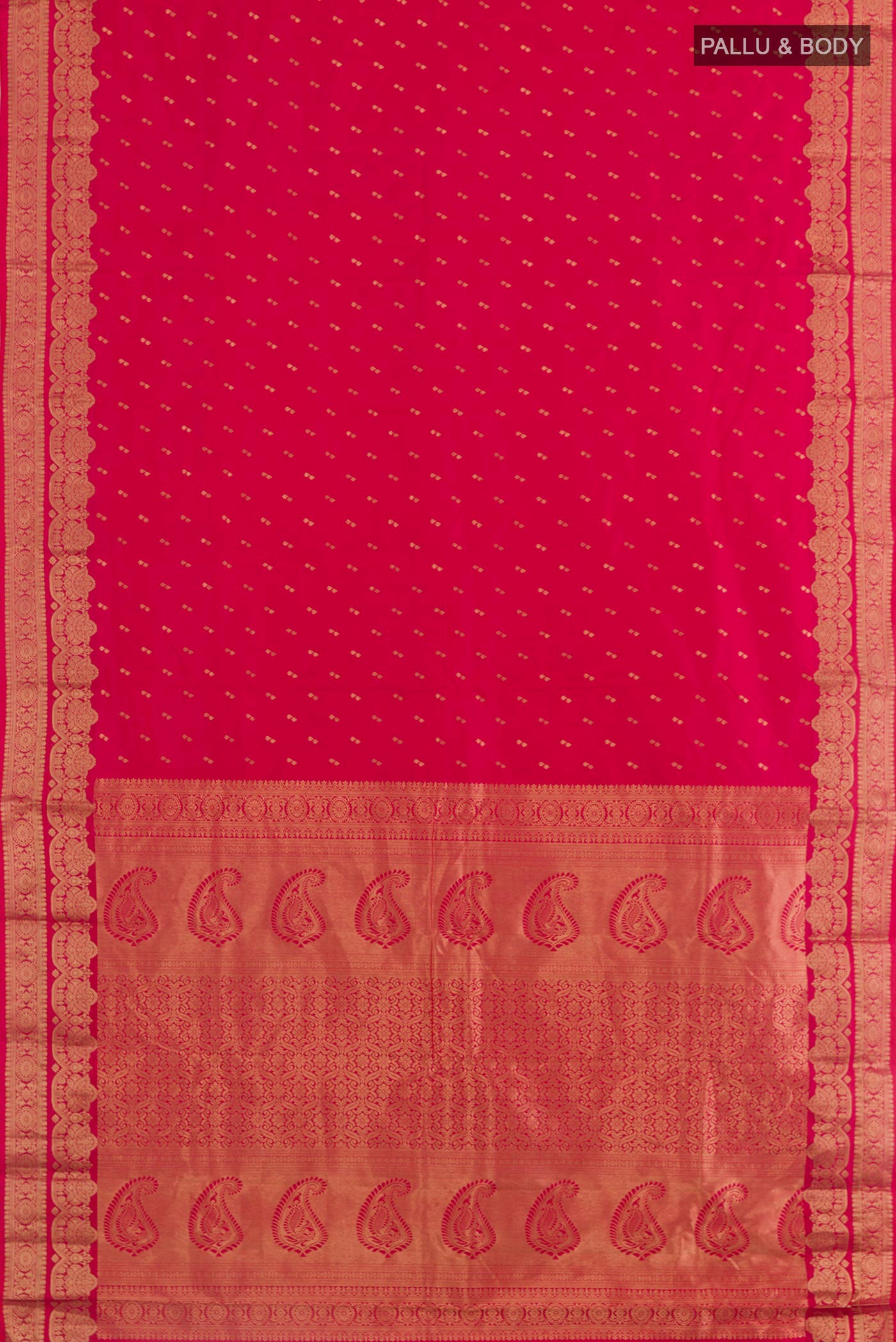 Flat view of Pink Kanjivaram Silk Saree with Zari Butta on the body and Zari Border. 