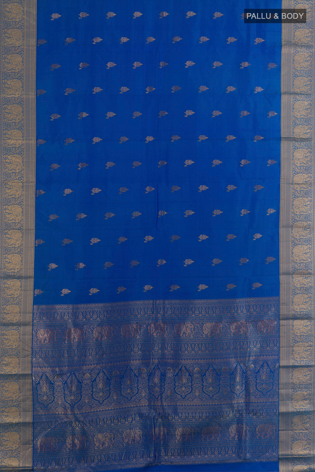 Flat view of Pure Silk Blue Kanjivaram Saree with Zari Butta on the body and Zari Border. 
