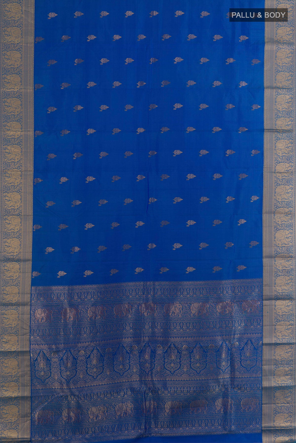Flat view of Pure Silk Blue Kanjivaram Saree with Zari Butta on the body and Zari Border. 
