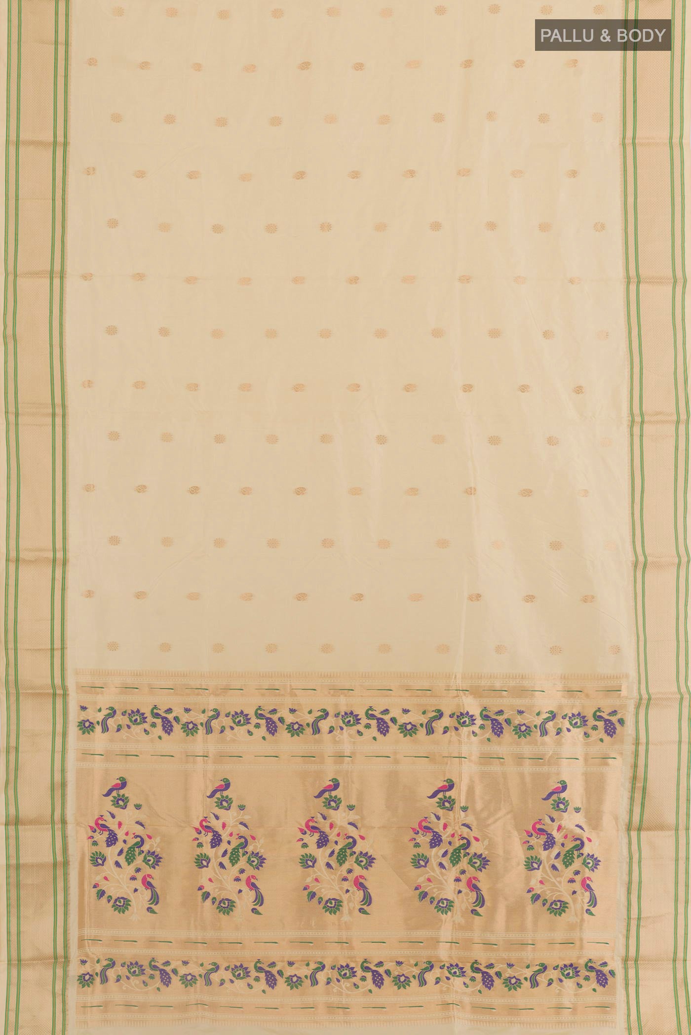 Flat view of Cream Paithani Silk Saree with Zari Butta on the body and Zari Border. 