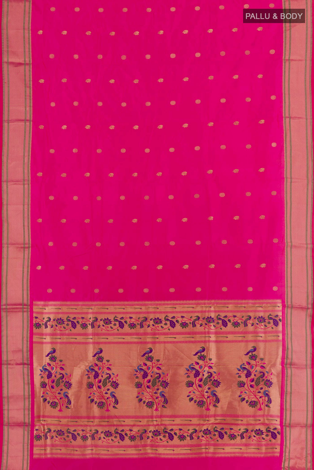 Flat view of Rani Pink Paithani Silk Saree with Zari Butta on the body and Zari Border. 