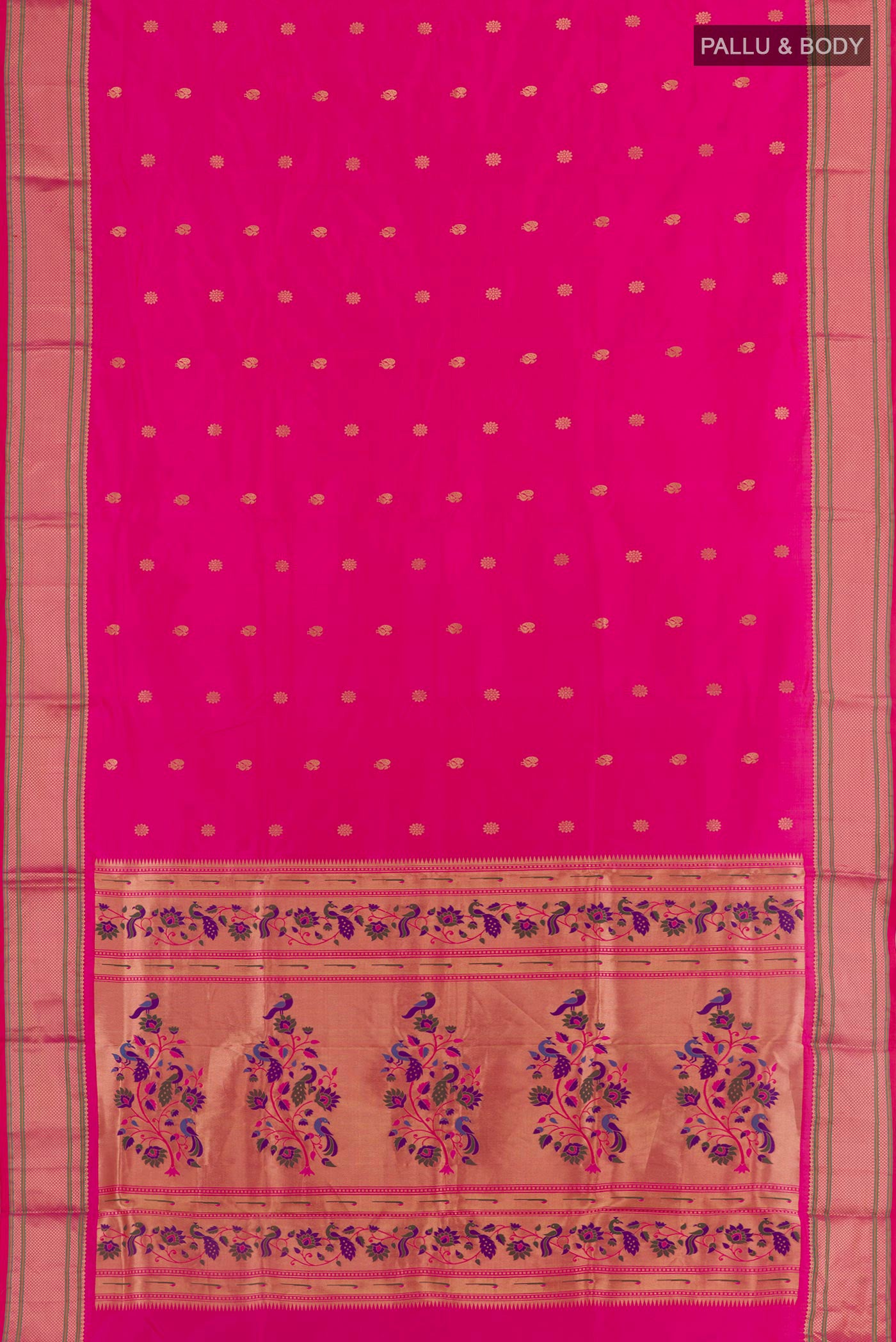 Flat view of Rani Pink Paithani Silk Saree with Zari Butta on the body and Zari Border. 