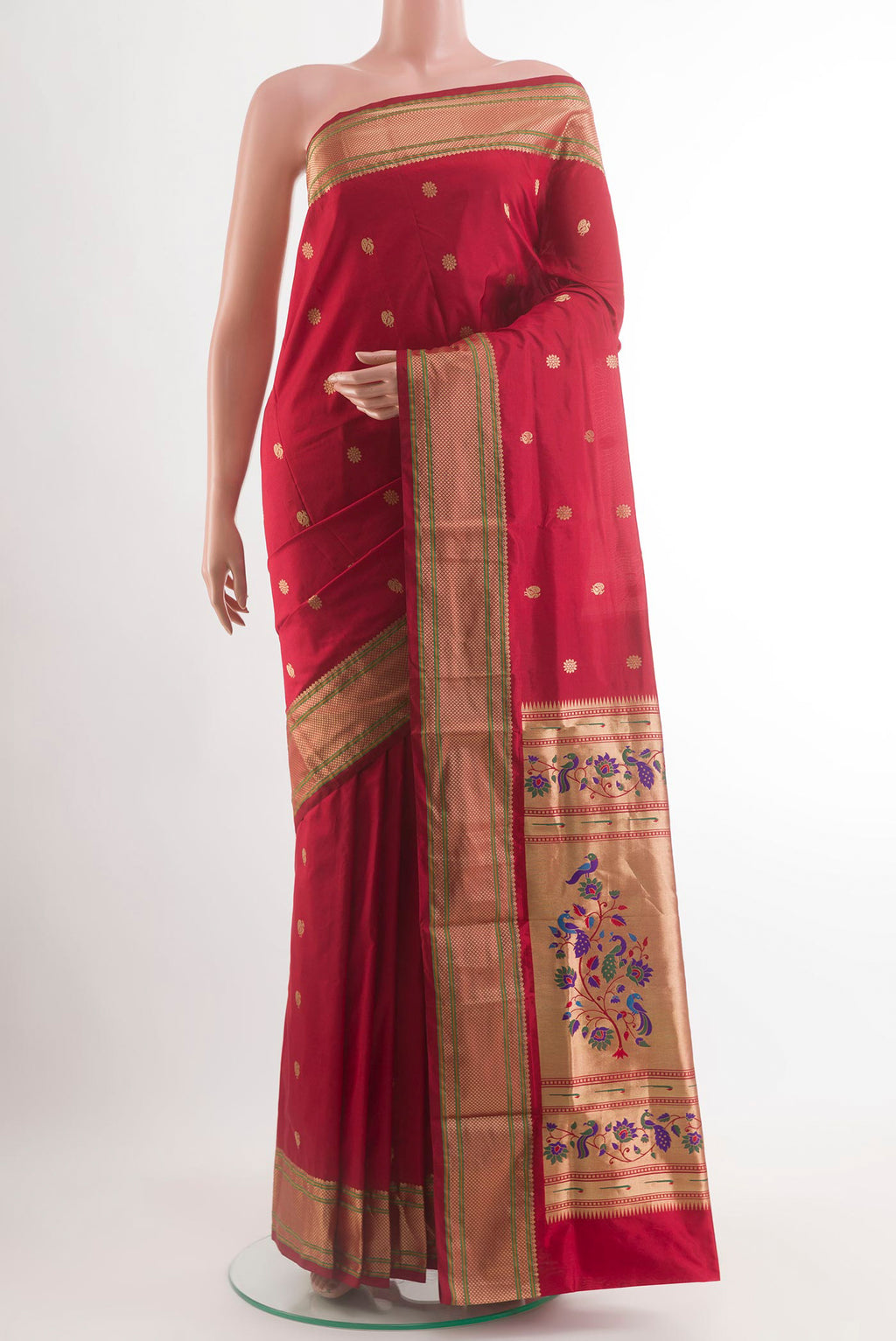 Maroon Paithani Silk Saree with Zari Butta on the body and Zari Border.  displayed on a mannequin