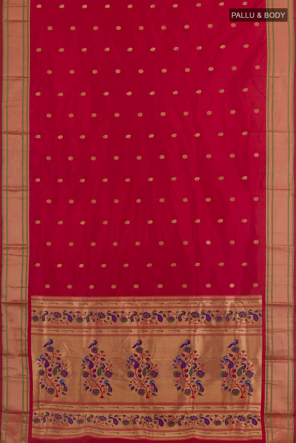 Flat view of Maroon Paithani Silk Saree with Zari Butta on the body and Zari Border. 