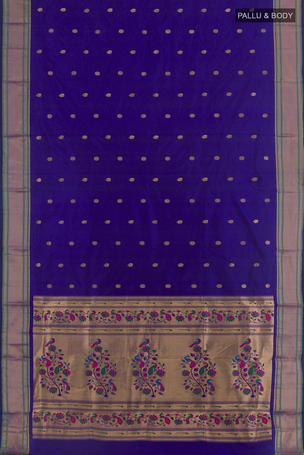 Flat view of Royal Blue Paithani Silk Saree with Zari Butta on the body and Zari Border. 