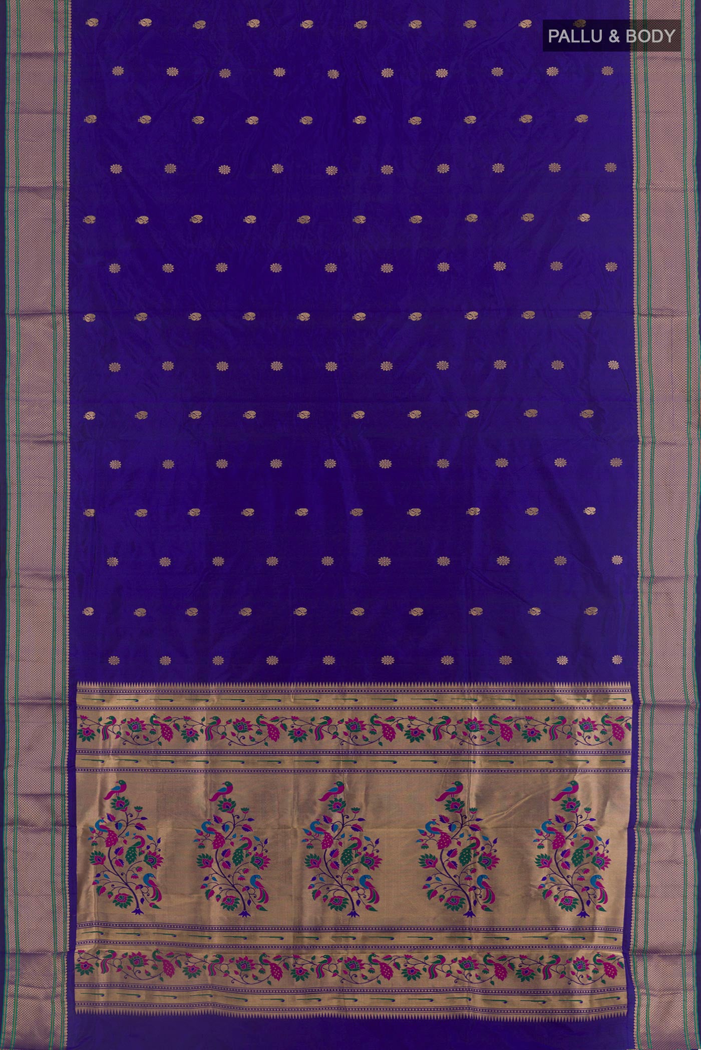 Flat view of Royal Blue Paithani Silk Saree with Zari Butta on the body and Zari Border. 