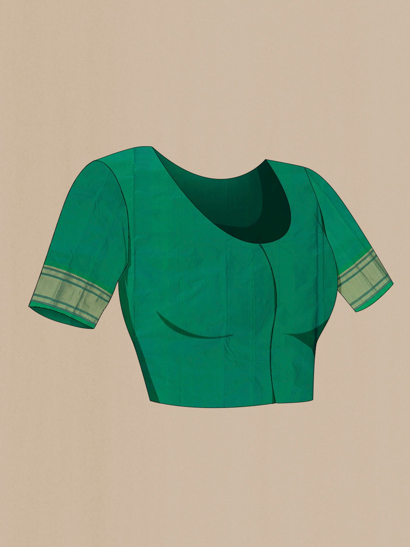 Close up image of the blouse of Sea Green Paithani Silk Saree with Zari Butta on the body and Zari Border. 
