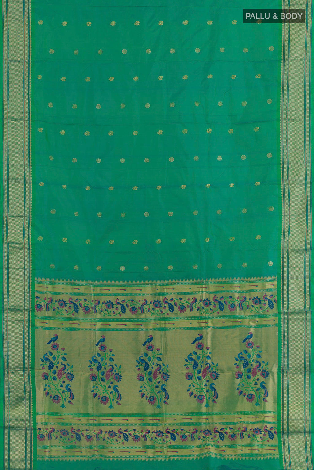 Flat view of Sea Green Paithani Silk Saree with Zari Butta on the body and Zari Border. 