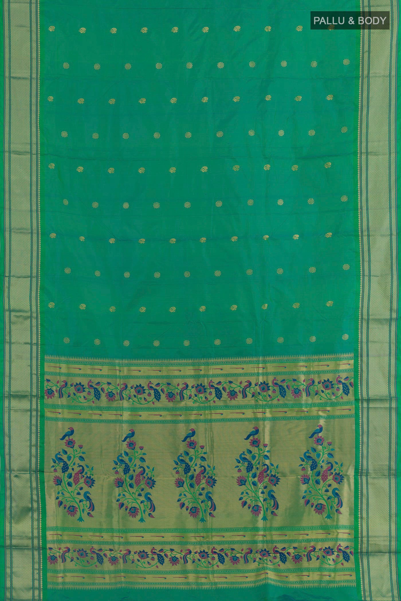 Flat view of Sea Green Paithani Silk Saree with Zari Butta on the body and Zari Border. 