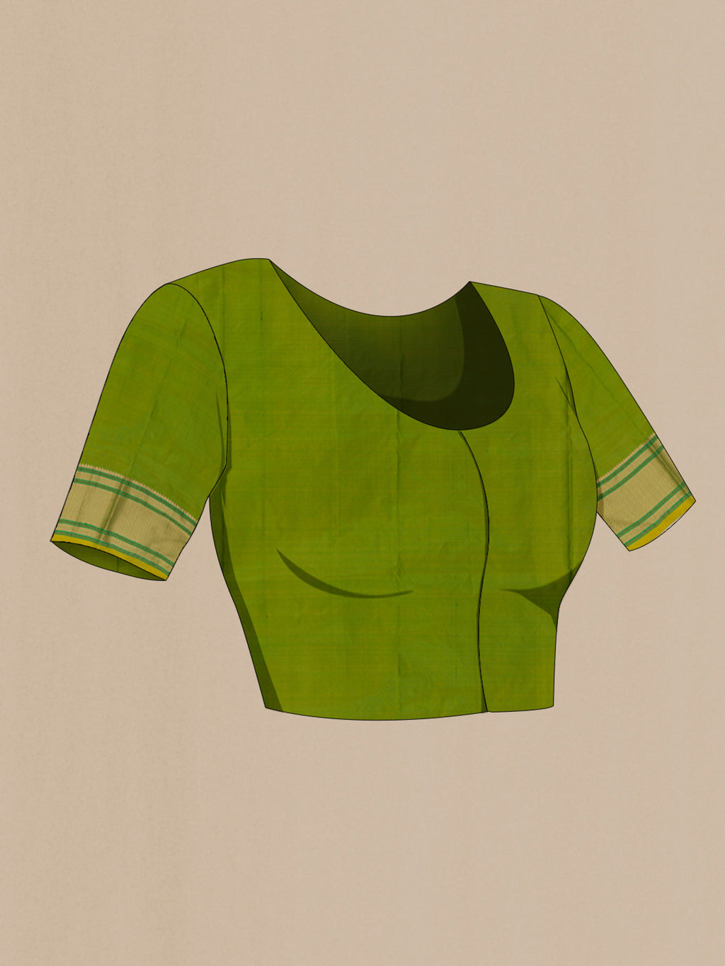 Close up image of the blouse of Green Paithani Silk Saree with Zari Butta on the body and Zari Border. 