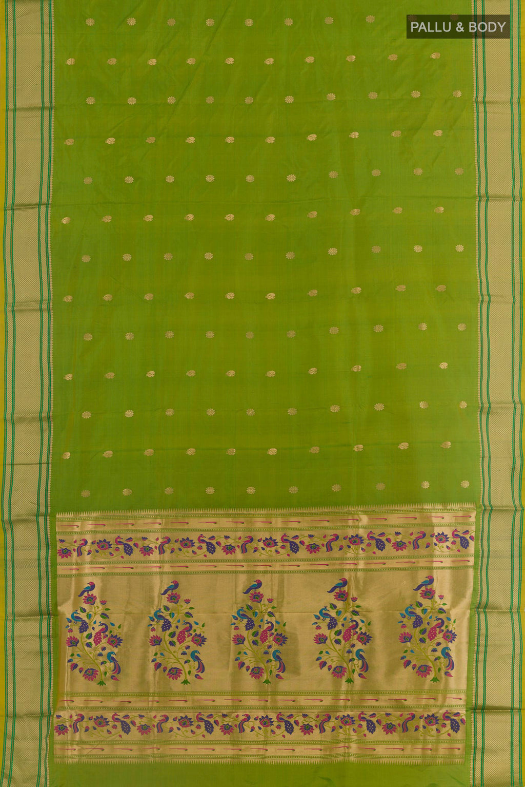 Flat view of Green Paithani Silk Saree with Zari Butta on the body and Zari Border. 