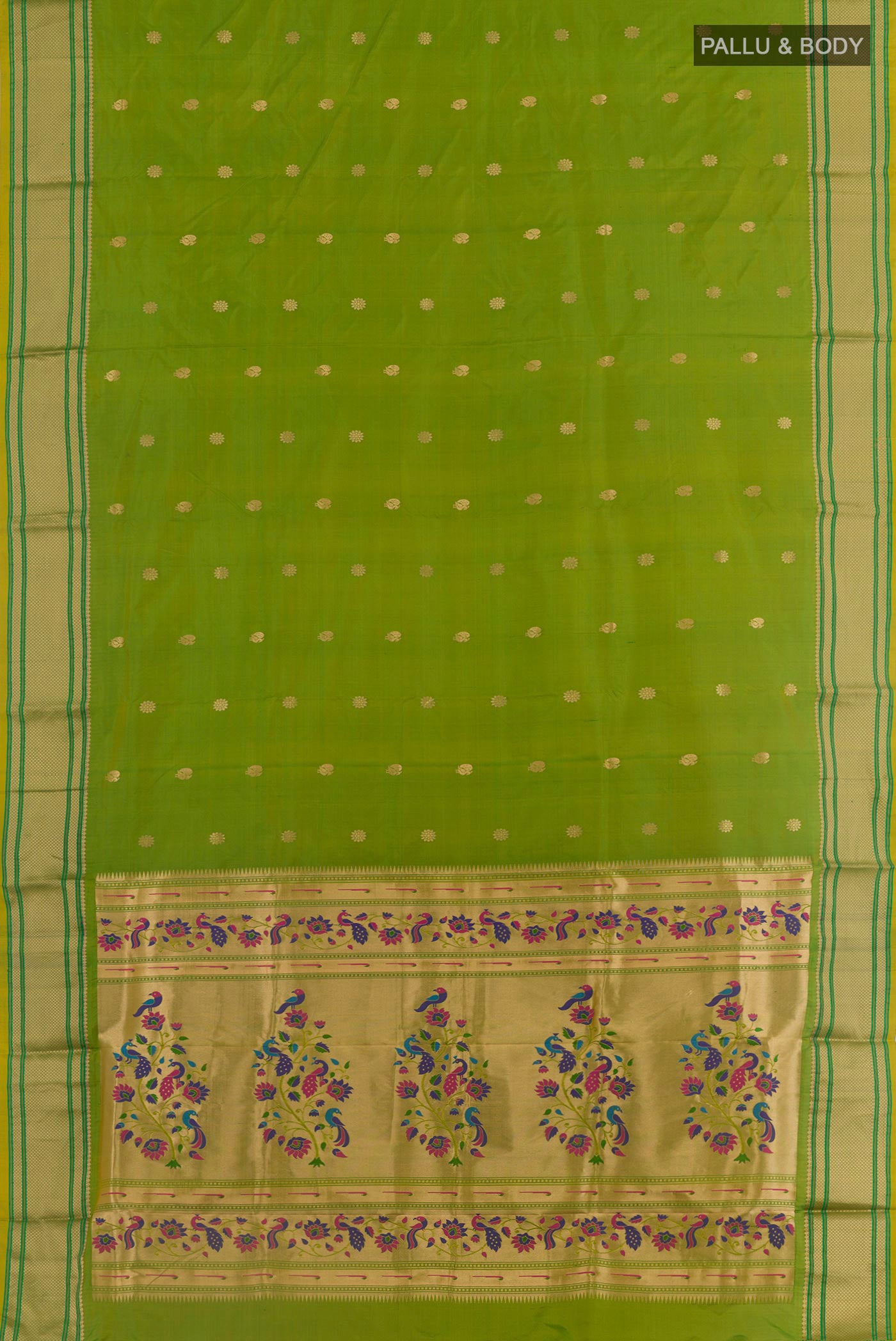 Flat view of Green Paithani Silk Saree with Zari Butta on the body and Zari Border. 