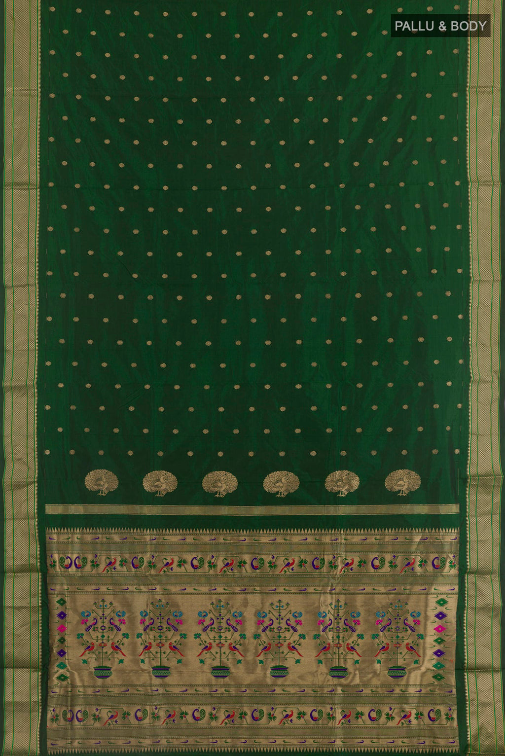 Flat view of Bottle Green Paithani Silk Saree with Zari Butta on the body and Zari Border. 