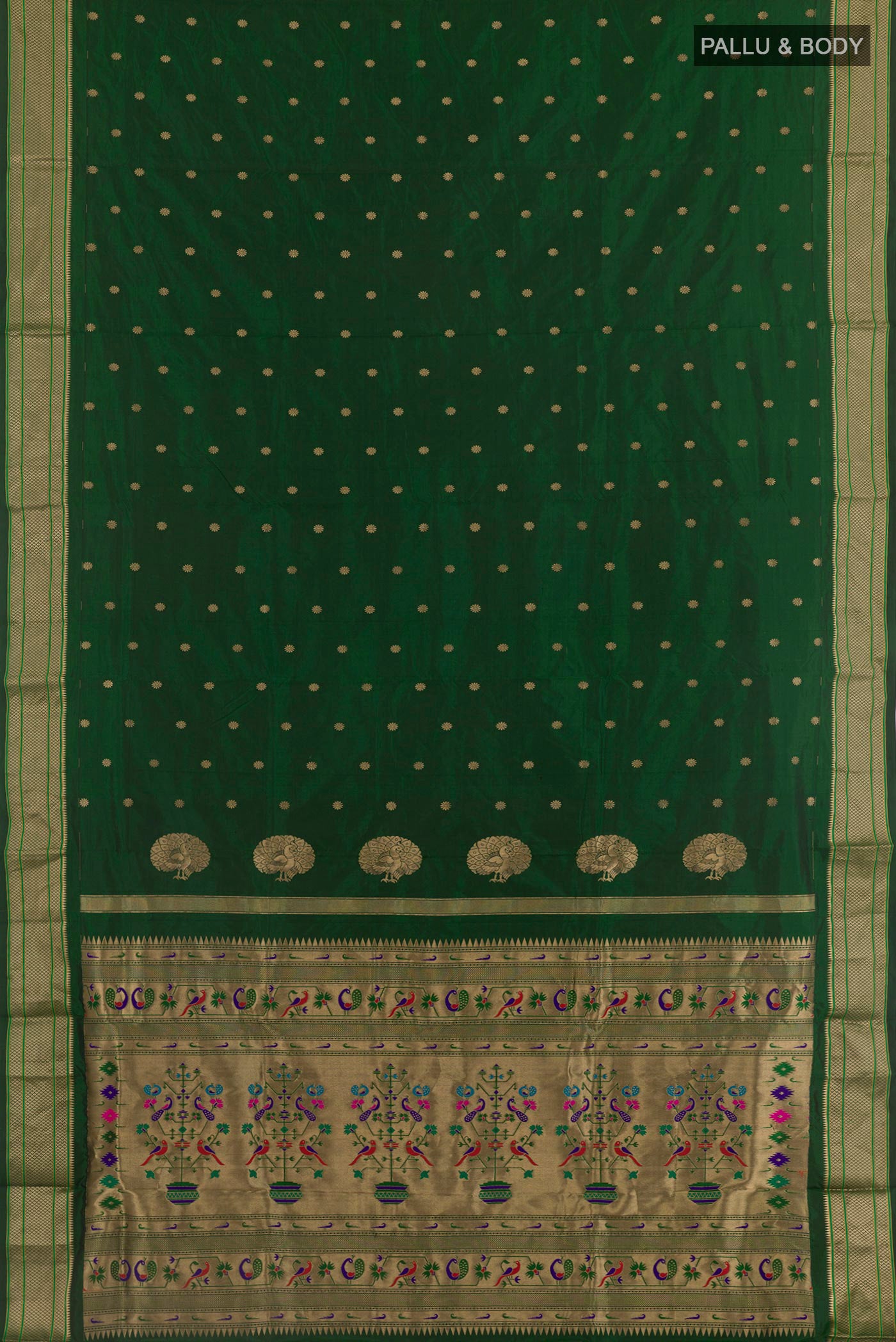 Flat view of Bottle Green Paithani Silk Saree with Zari Butta on the body and Zari Border. 