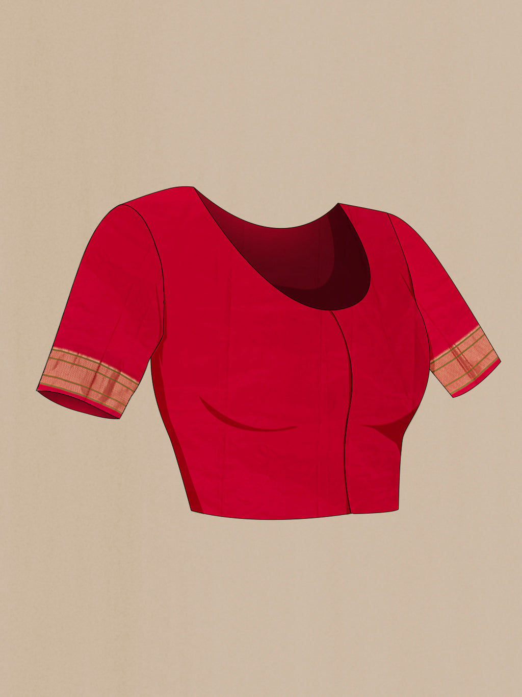 Close up image of the blouse of Red Paithani Silk Saree with Zari Butta on the body and Zari Border. 