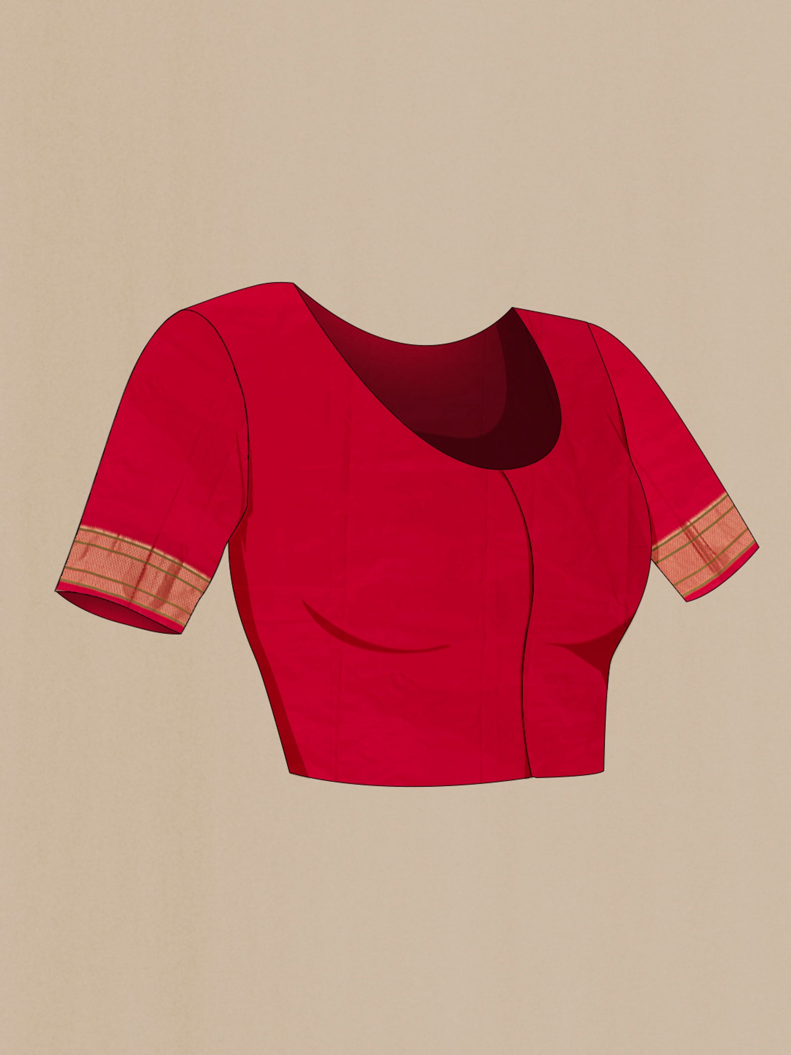 Close up image of the blouse of Red Paithani Silk Saree with Zari Butta on the body and Zari Border. 