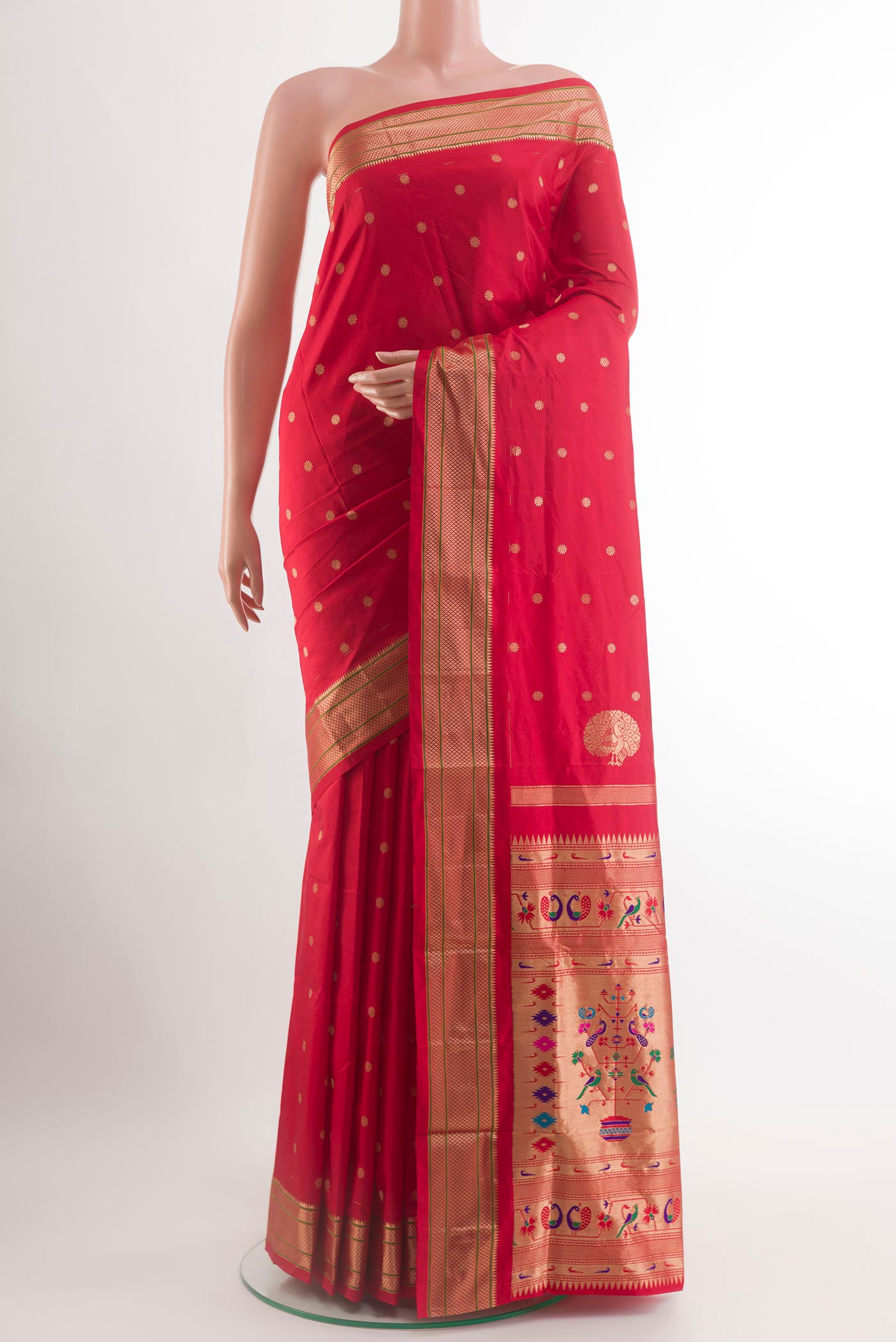 Red Paithani Silk Saree with Zari Butta on the body and Zari Border.  displayed on a mannequin