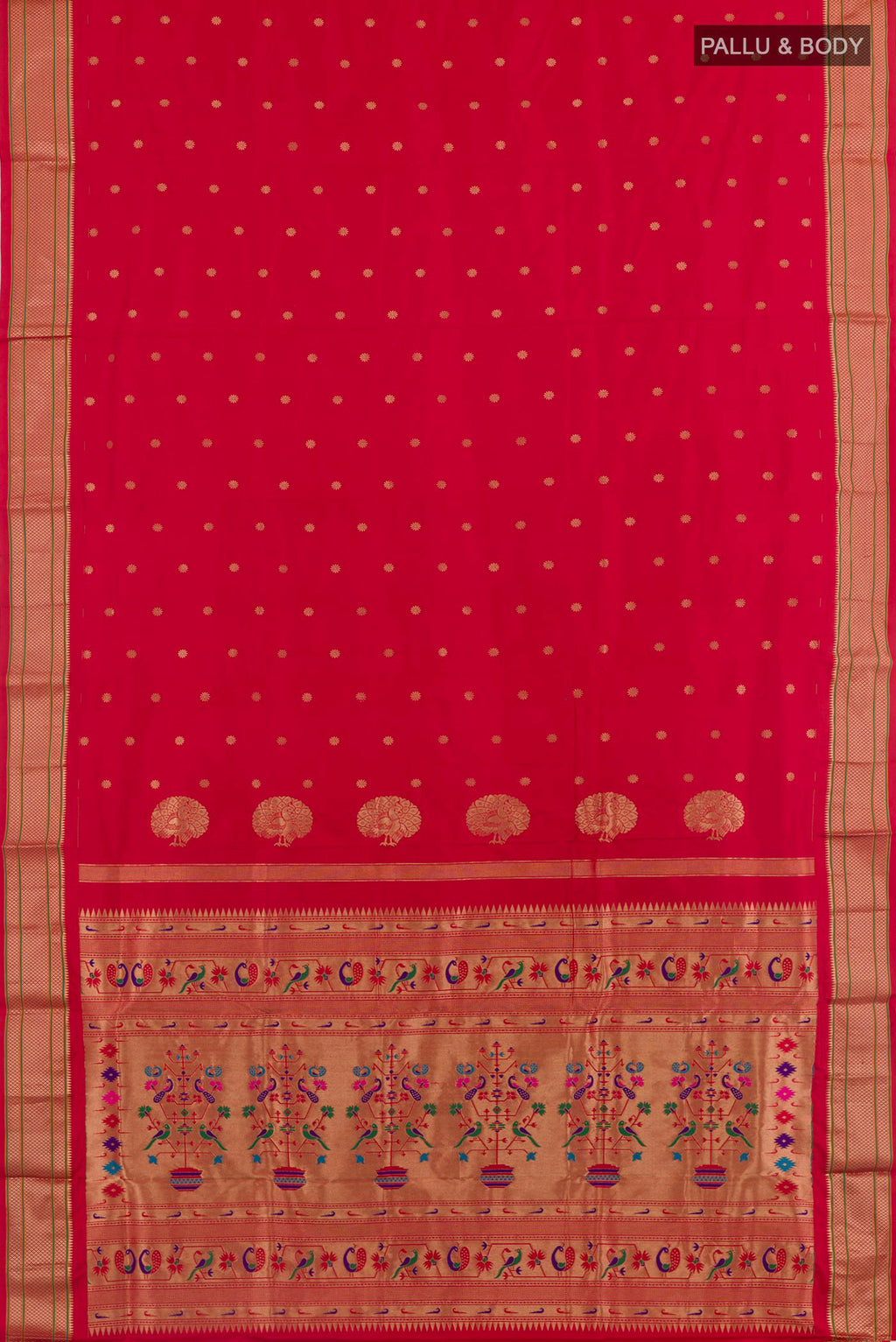 Flat view of Red Paithani Silk Saree with Zari Butta on the body and Zari Border. 