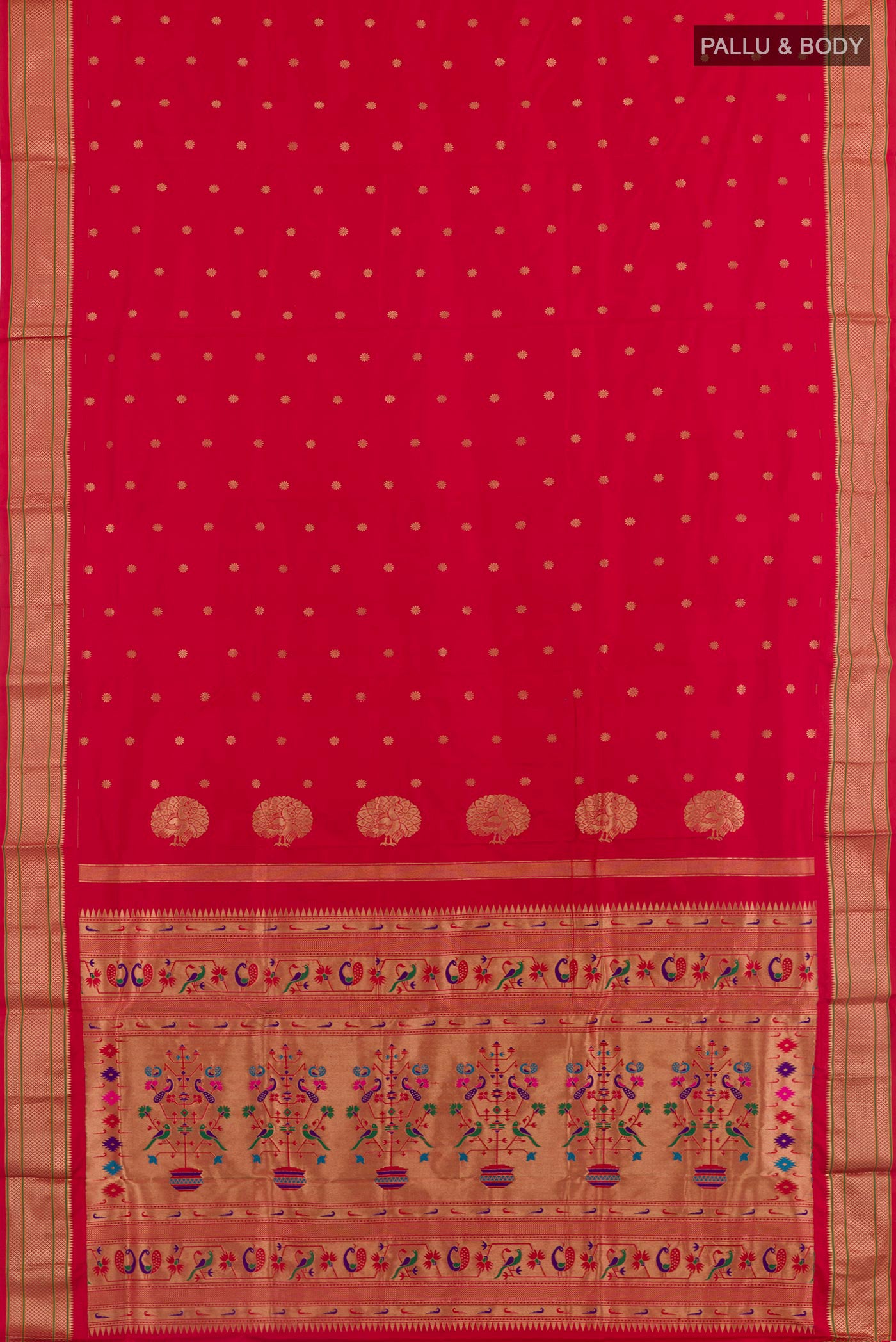 Flat view of Red Paithani Silk Saree with Zari Butta on the body and Zari Border. 