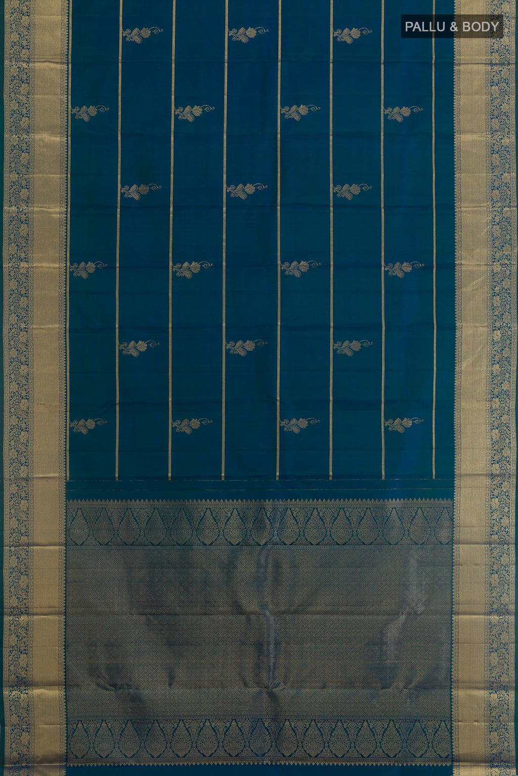 Flat view of Peacock Blue Kanjivaram Silk Saree with Zari Butta on the body and Zari Border. 
