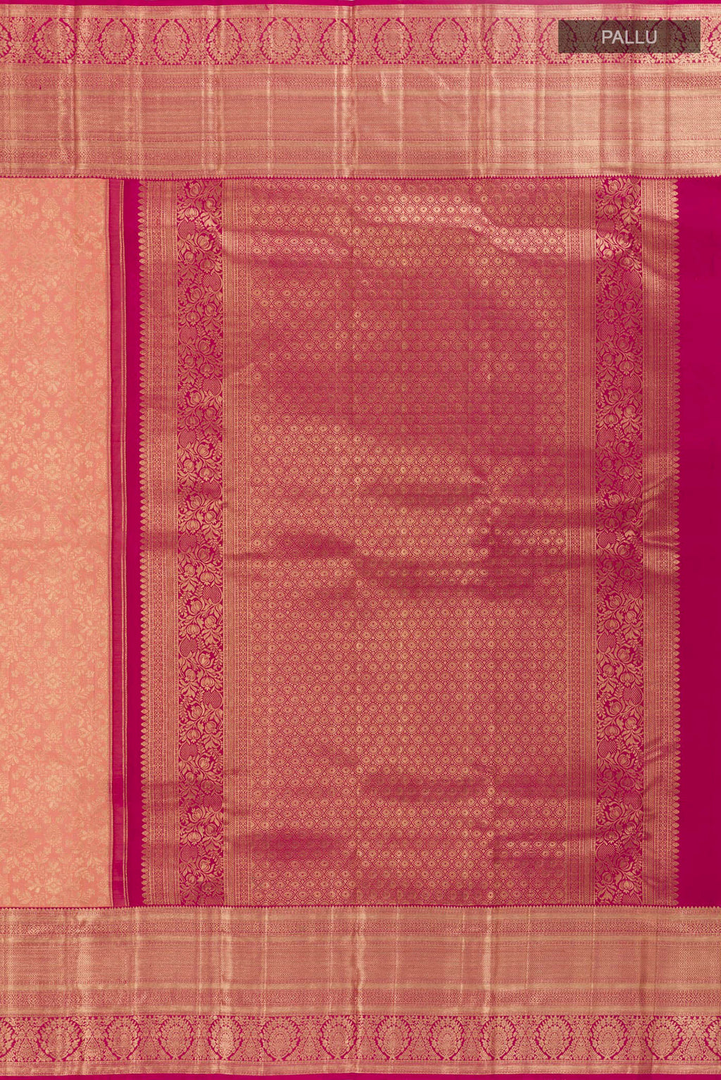 Close up image of the pallu of Peach Kanchipuram Silk Saree with Zari Brocade on the body and Zari Border. 