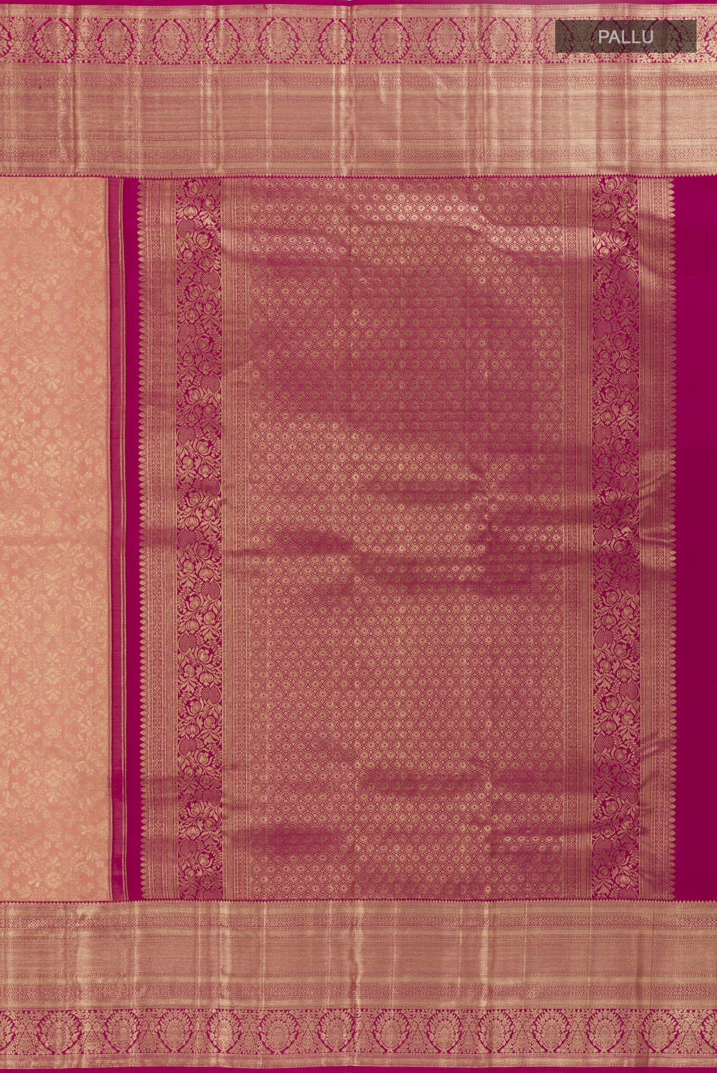 Close up image of the pallu of Peach Kanchipuram Silk Saree with Zari Brocade on the body and Zari Border. 