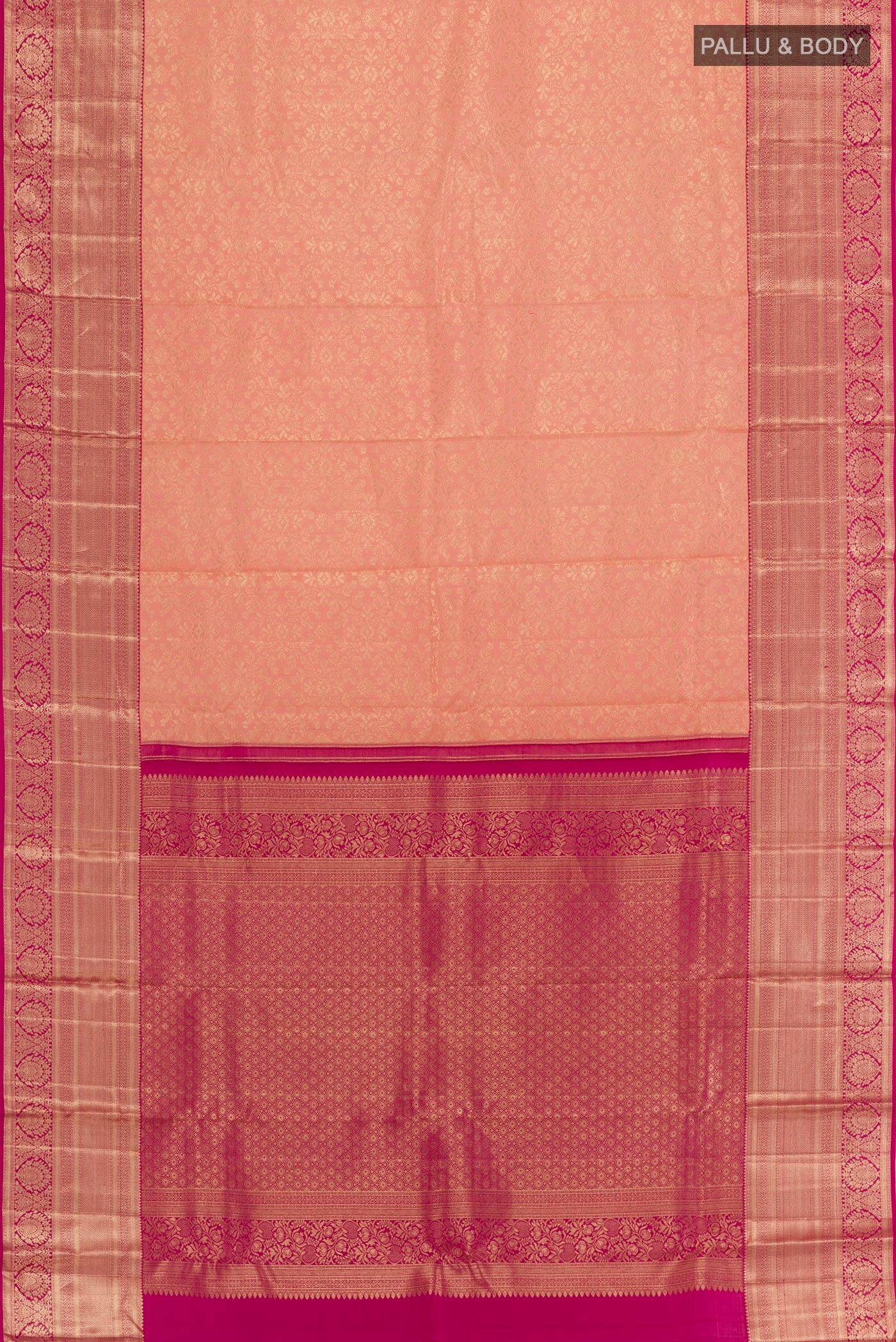 Flat view of Peach Kanchipuram Silk Saree with Zari Brocade on the body and Zari Border. 