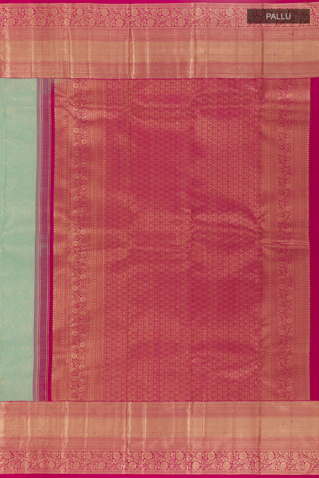 Close up image of the pallu of Mint Green Kanchipuram Silk Saree with Zari Brocade on the body and Zari Border. 