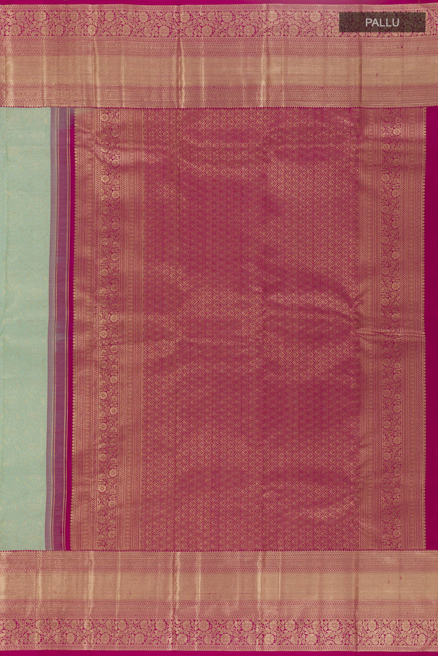 Close up image of the pallu of Mint Green Kanchipuram Silk Saree with Zari Brocade on the body and Zari Border. 