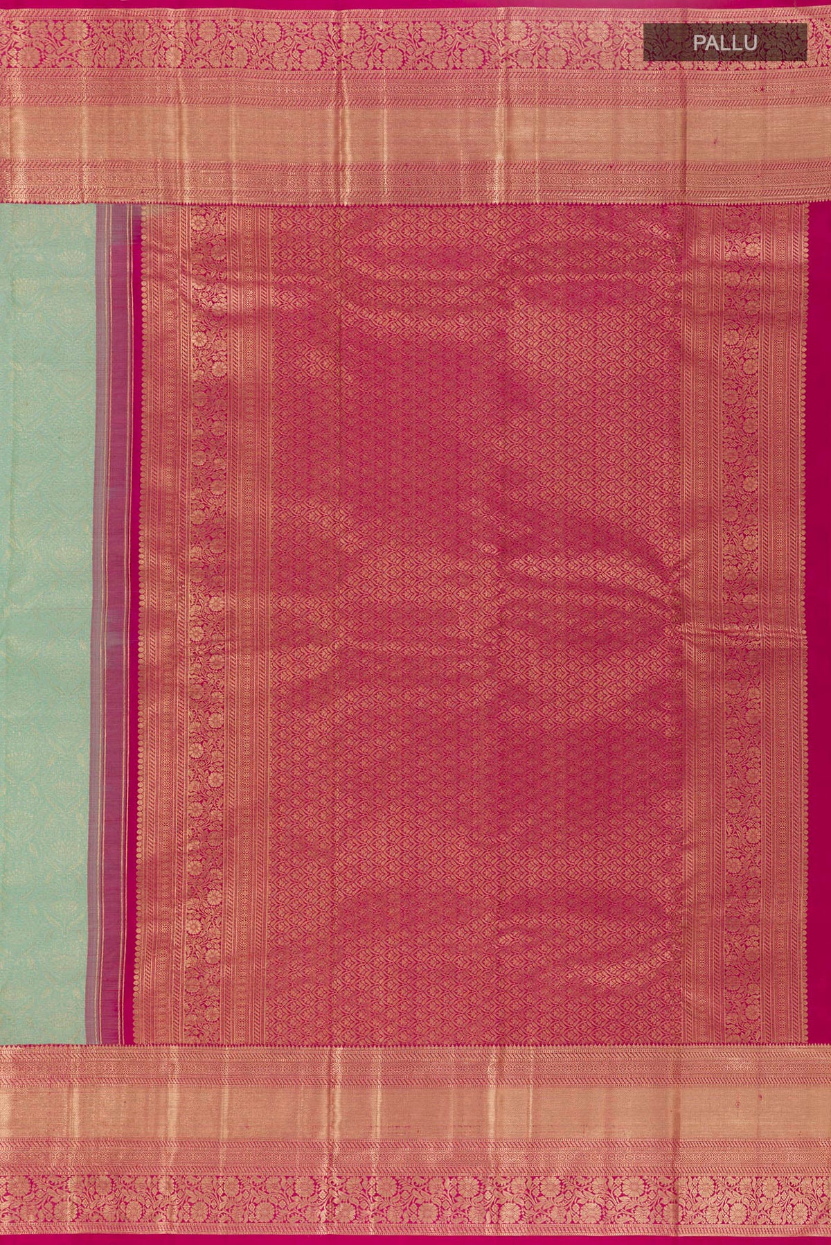 Close up image of the pallu of Mint Green Kanchipuram Silk Saree with Zari Brocade on the body and Zari Border. 