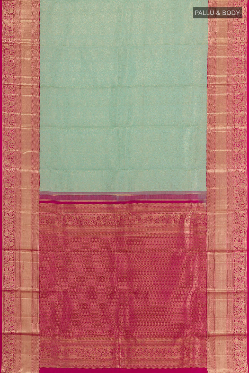 Flat view of Mint Green Kanchipuram Silk Saree with Zari Brocade on the body and Zari Border. 