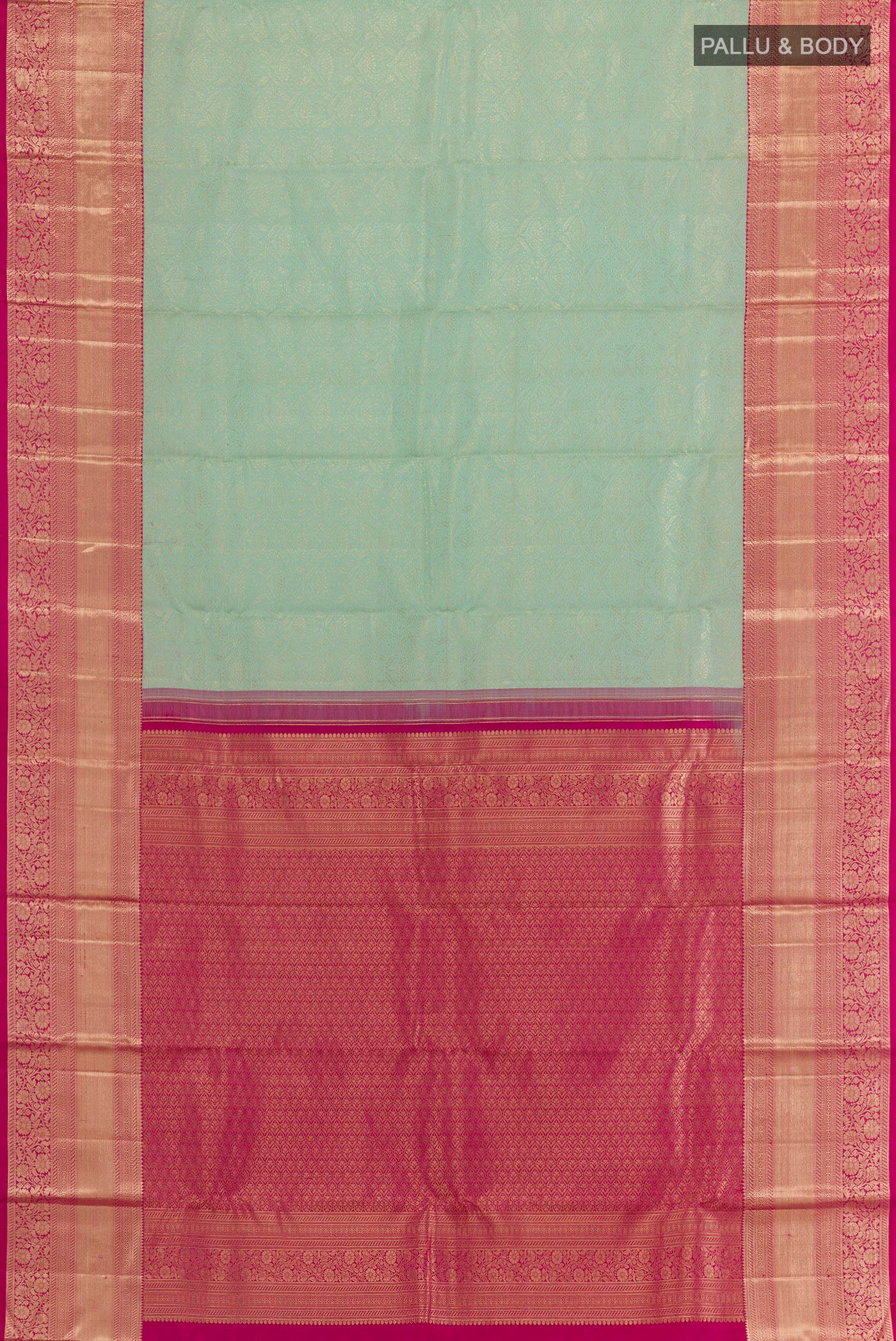 Flat view of Mint Green Kanchipuram Silk Saree with Zari Brocade on the body and Zari Border. 