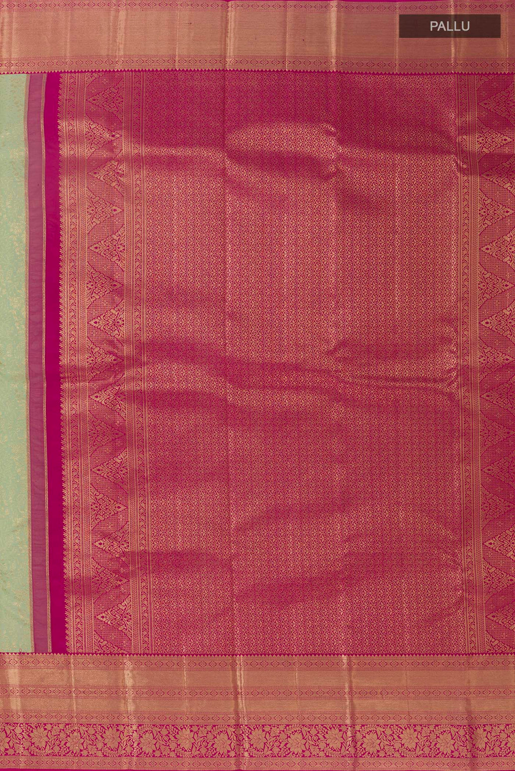 Close up image of the pallu of Light Green Kanchipuram Silk Saree with Zari Brocade on the body and Zari Border. 
