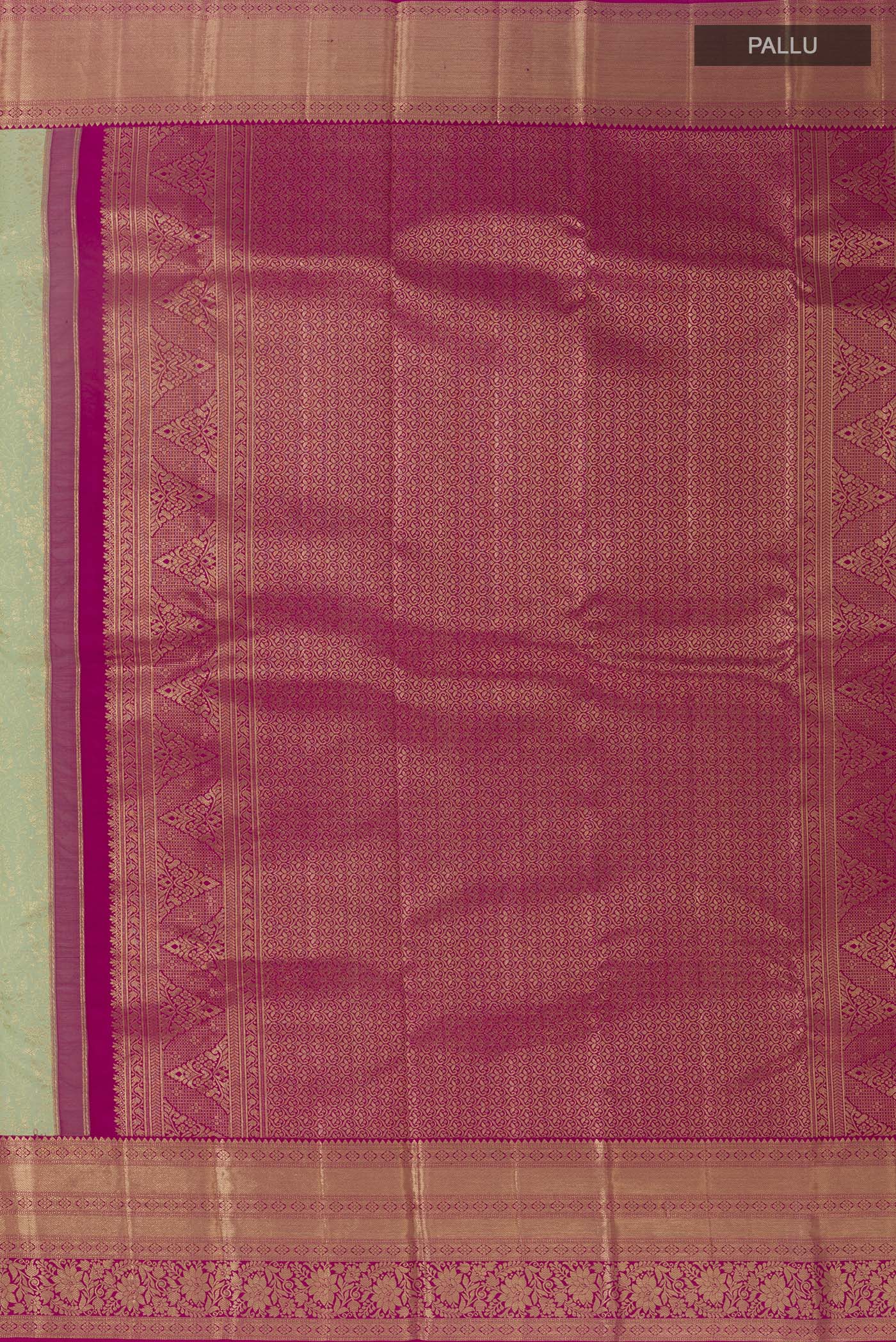 Close up image of the pallu of Light Green Kanchipuram Silk Saree with Zari Brocade on the body and Zari Border. 