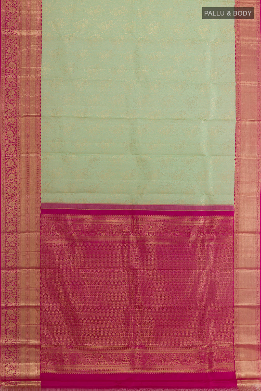 Flat view of Light Green Kanchipuram Silk Saree with Zari Brocade on the body and Zari Border. 