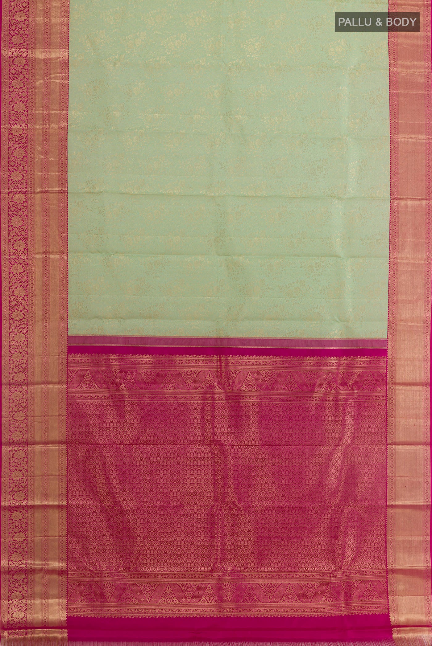 Flat view of Light Green Kanchipuram Silk Saree with Zari Brocade on the body and Zari Border. 