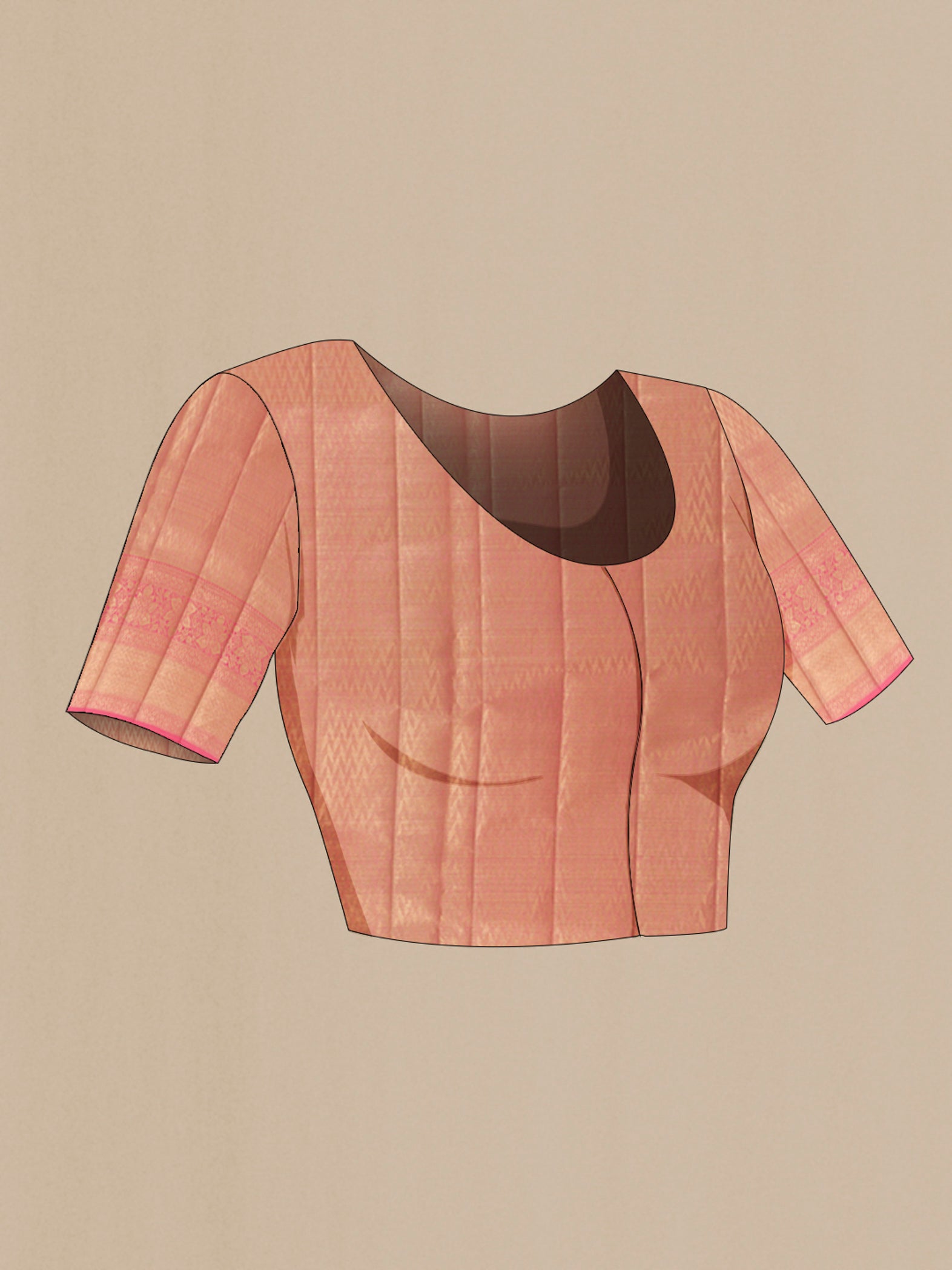 Close up image of the blouse of Rose Gold Kanjivaram Tissue Silk Saree with Zari Brocade on the body and Zari Border. 