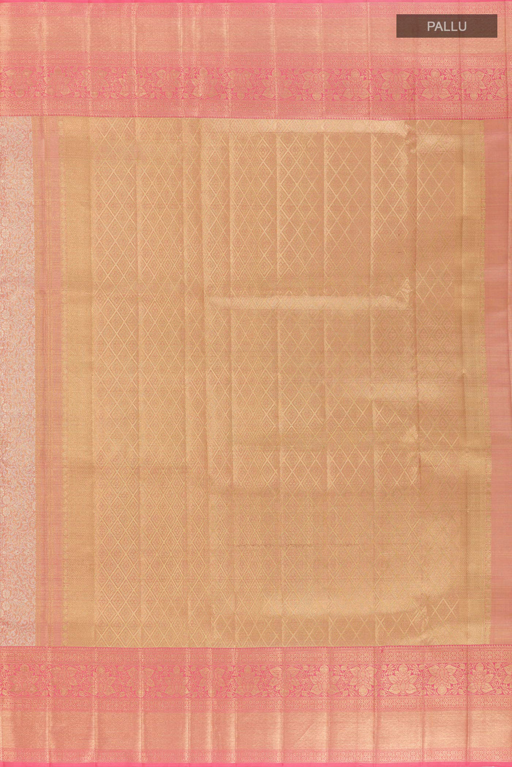 Close up image of the pallu of Rose Gold Kanjivaram Tissue Silk Saree with Zari Brocade on the body and Zari Border. 