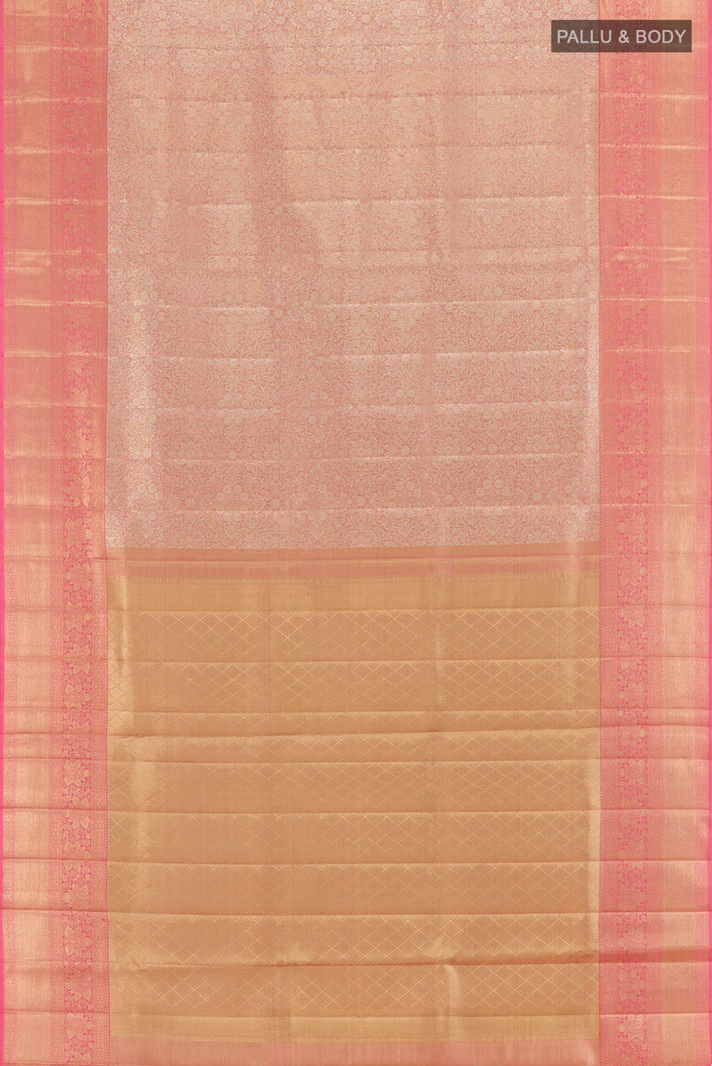 Flat view of Rose Gold Kanjivaram Tissue Silk Saree with Zari Brocade on the body and Zari Border. 