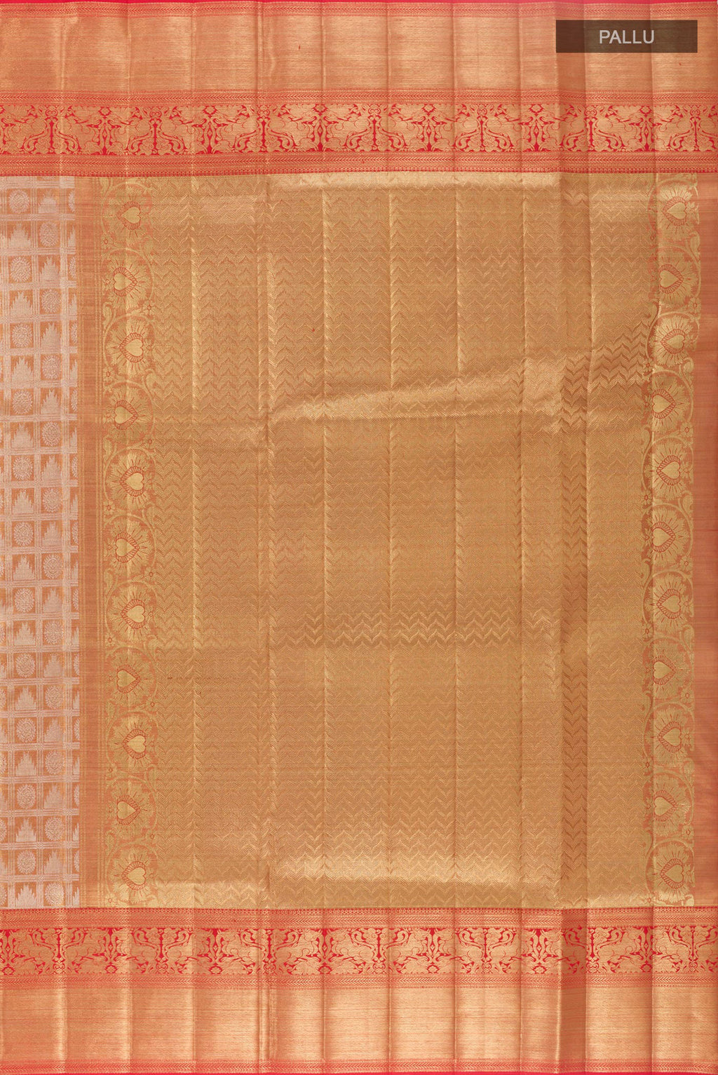 Close up image of the pallu of Gold Kanjivaram Tissue Silk Saree with Zari Brocade on the body and Zari Border. 