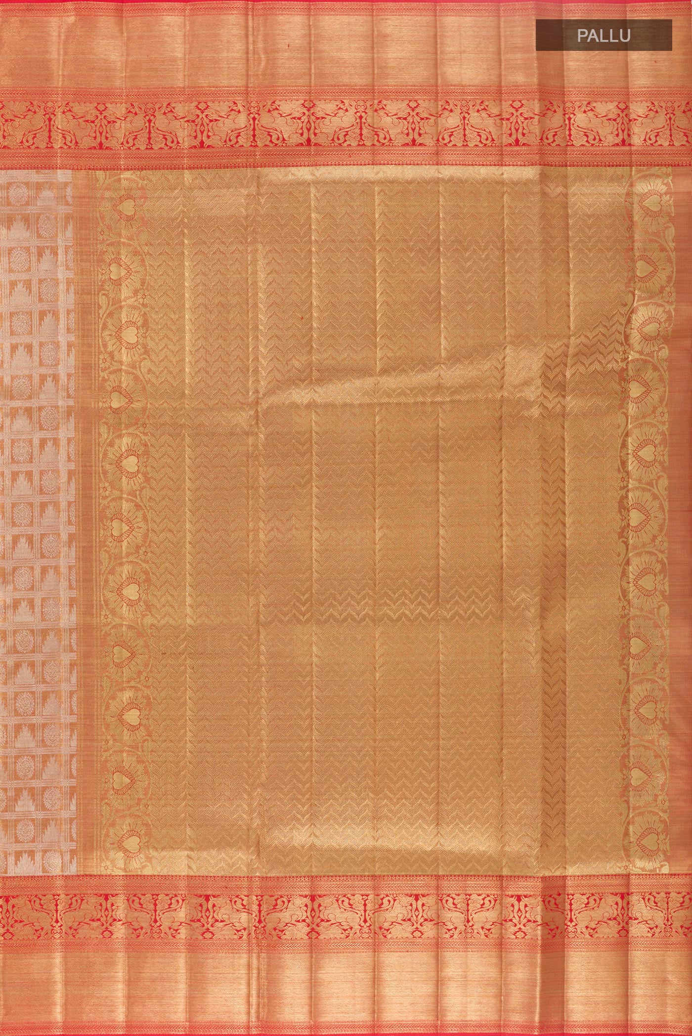 Close up image of the pallu of Gold Kanjivaram Tissue Silk Saree with Zari Brocade on the body and Zari Border. 