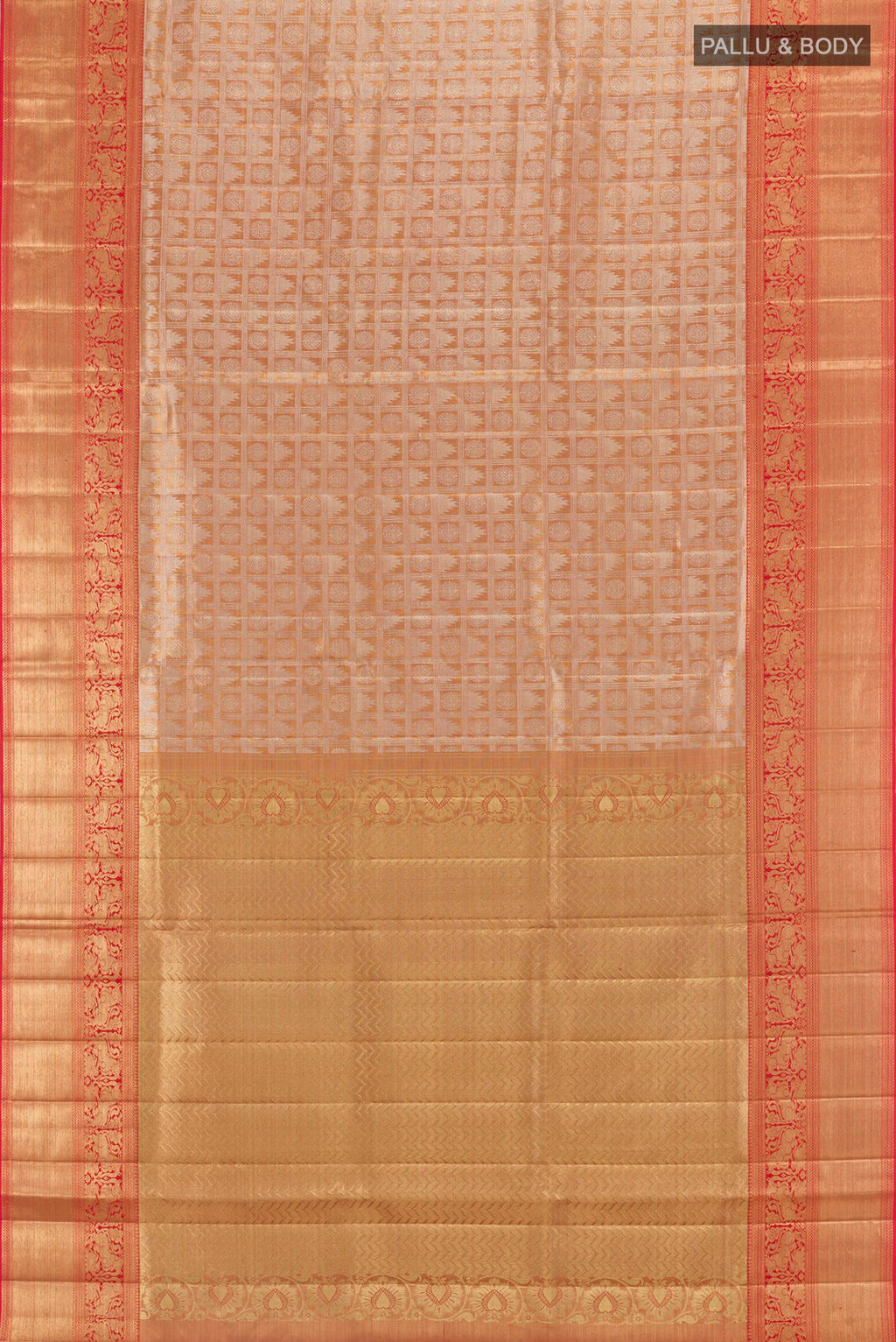 Flat view of Gold Kanjivaram Tissue Silk Saree with Zari Brocade on the body and Zari Border. 