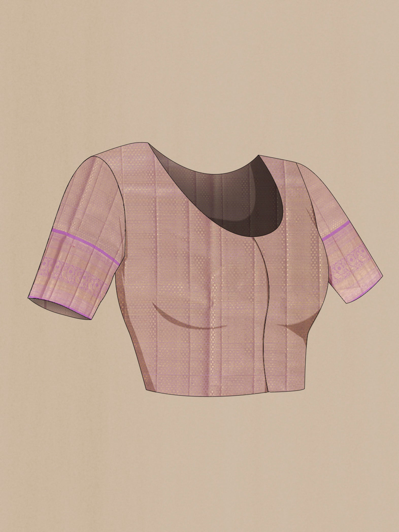 Close up image of the blouse of Lavender Kanjivaram Tissue Silk Saree with Zari Brocade on the body and Zari Border. 